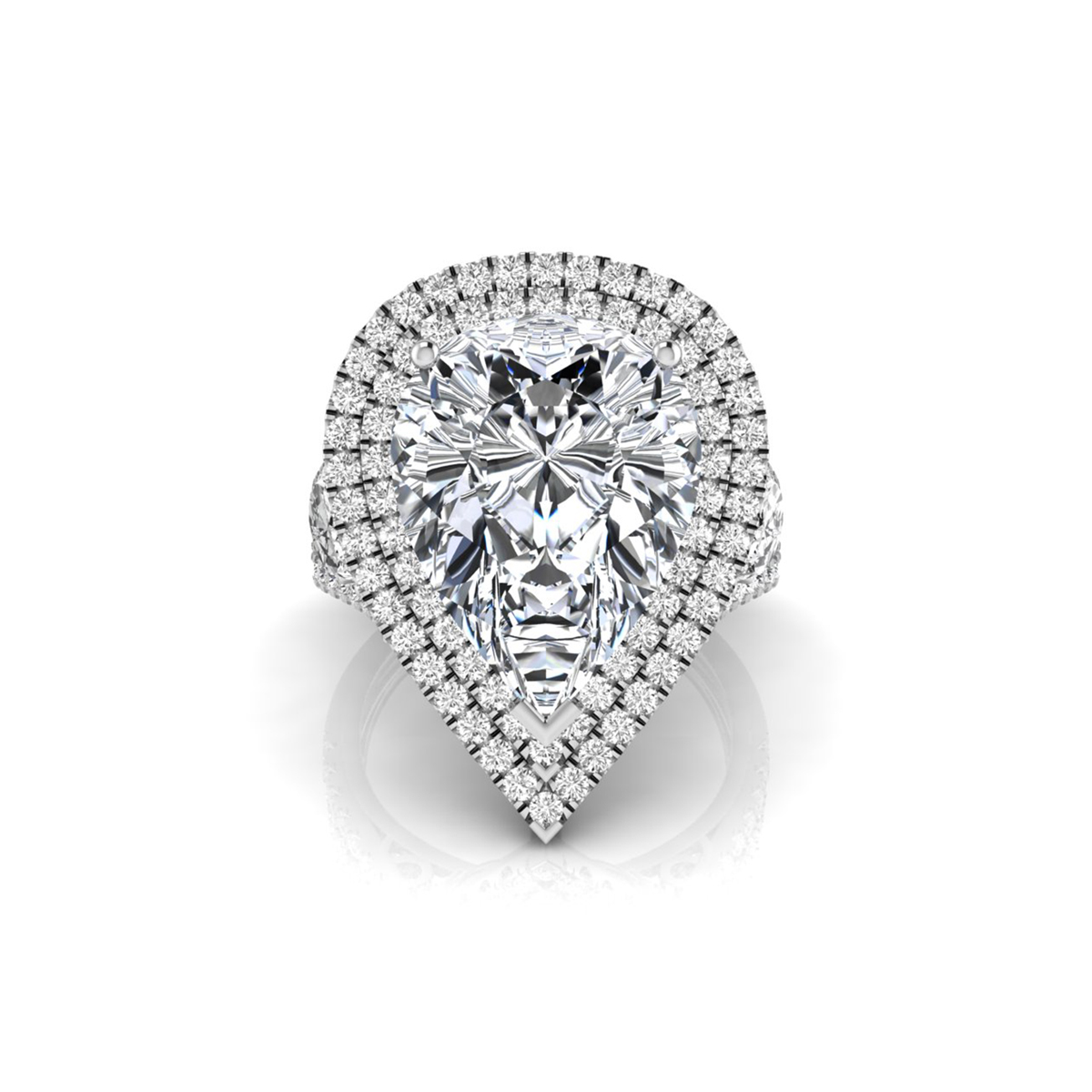 Pear CZ Three Stone Double Halo Cocktail Ring