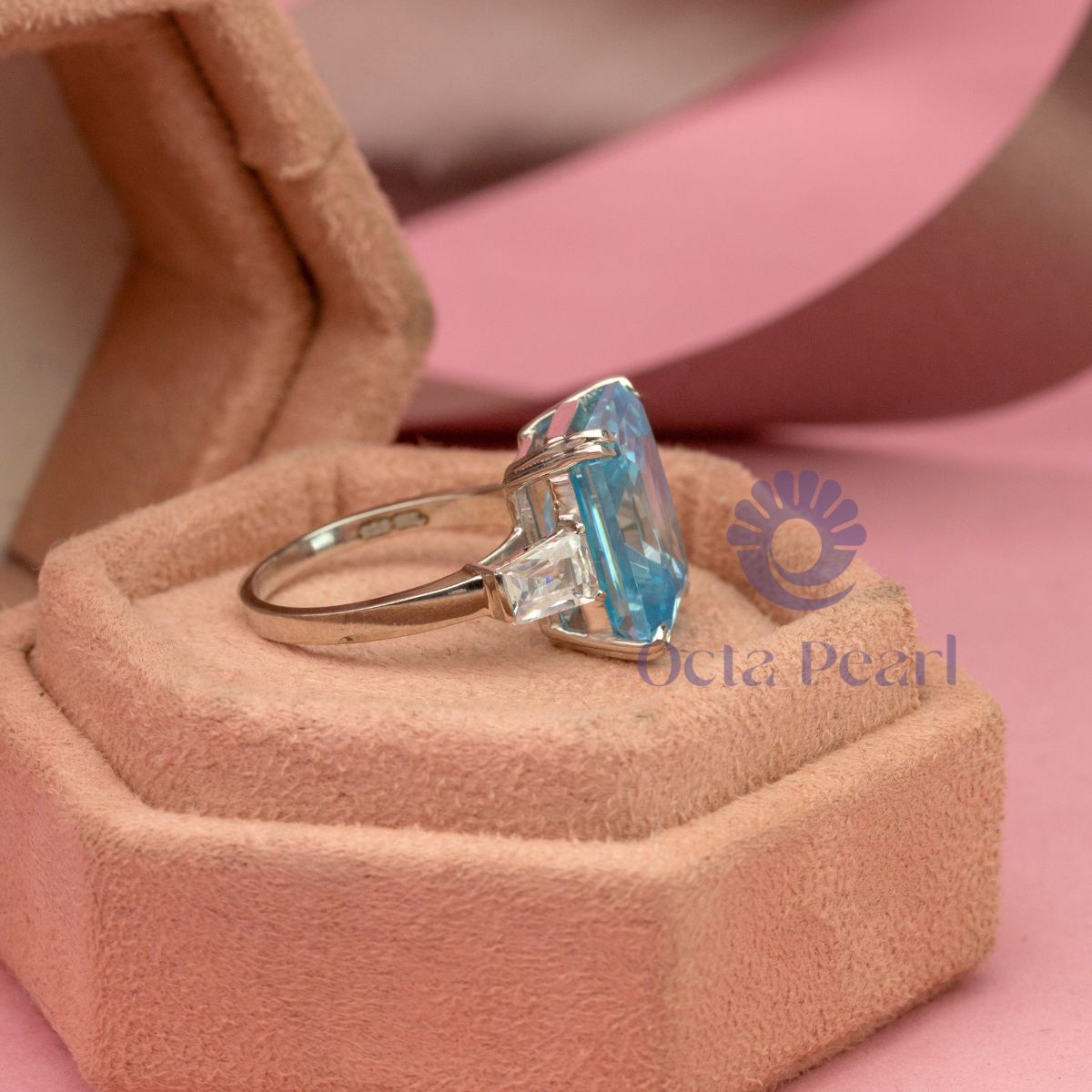 Aqua Radiant Cut CZ Stone Past Present Future Ring