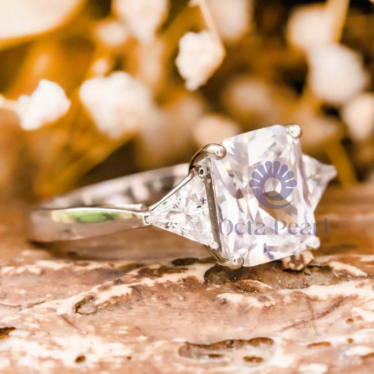 Radiant & Triangle CZ Three Stone Wedding Ring