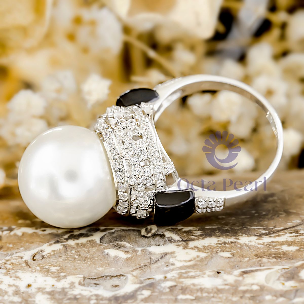 Pearl & Round Stone With Black MOP Floral Cocktail Ring