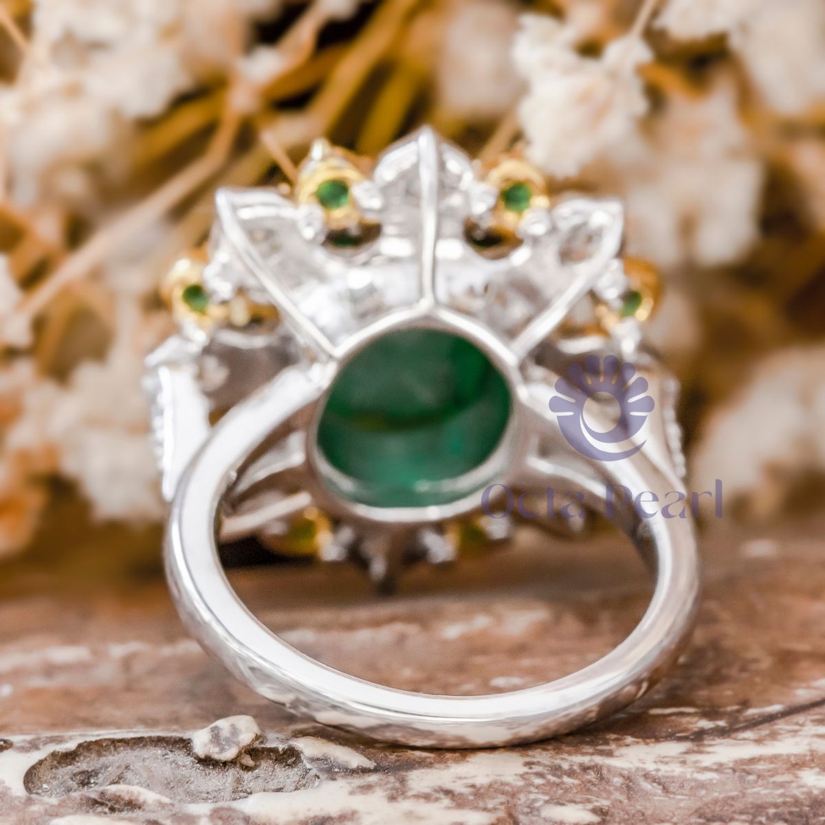 Emerald CZ Stone Two Tone Gold Floral Cocktail Ring