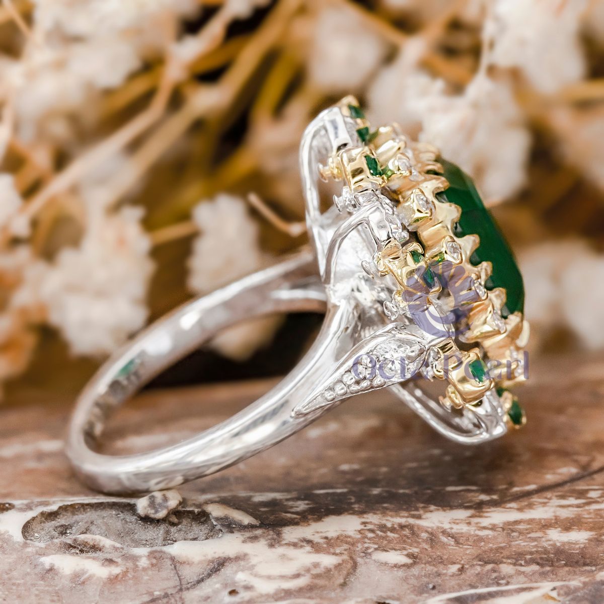 Emerald CZ Stone Two Tone Gold Floral Cocktail Ring