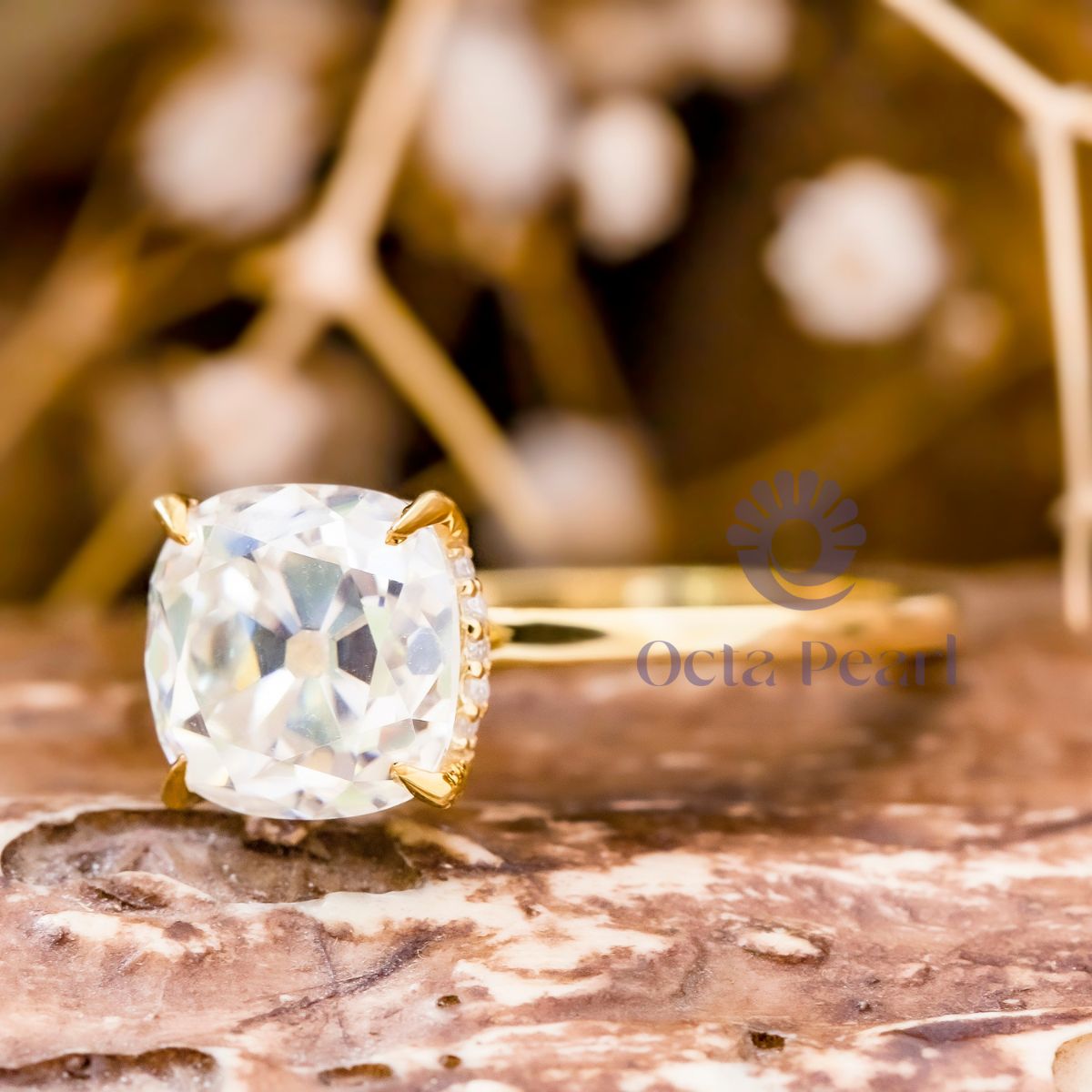 Old Mine Cut Moissanite Solitaire Hidden Halo Ring