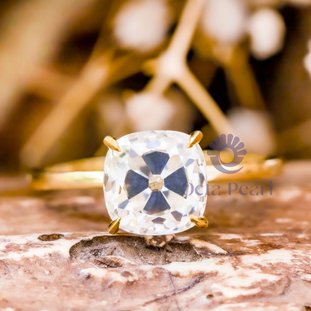 Old Mine Cut Moissanite Solitaire Hidden Halo Ring