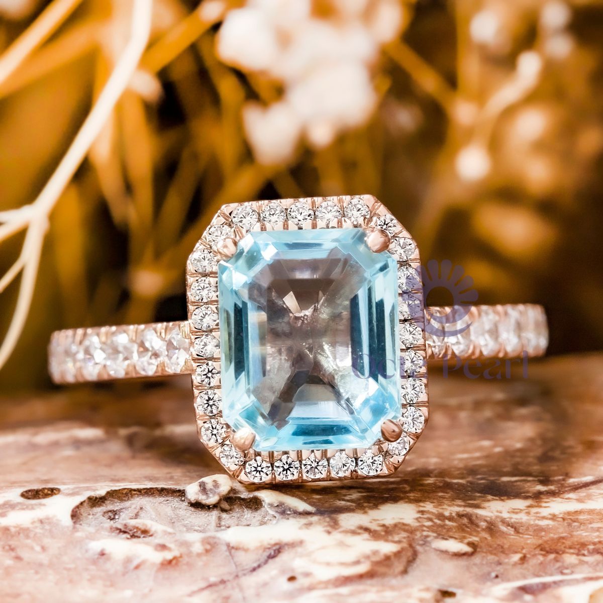 Aqua Emerald CZ Stone Halo Engagement Ring