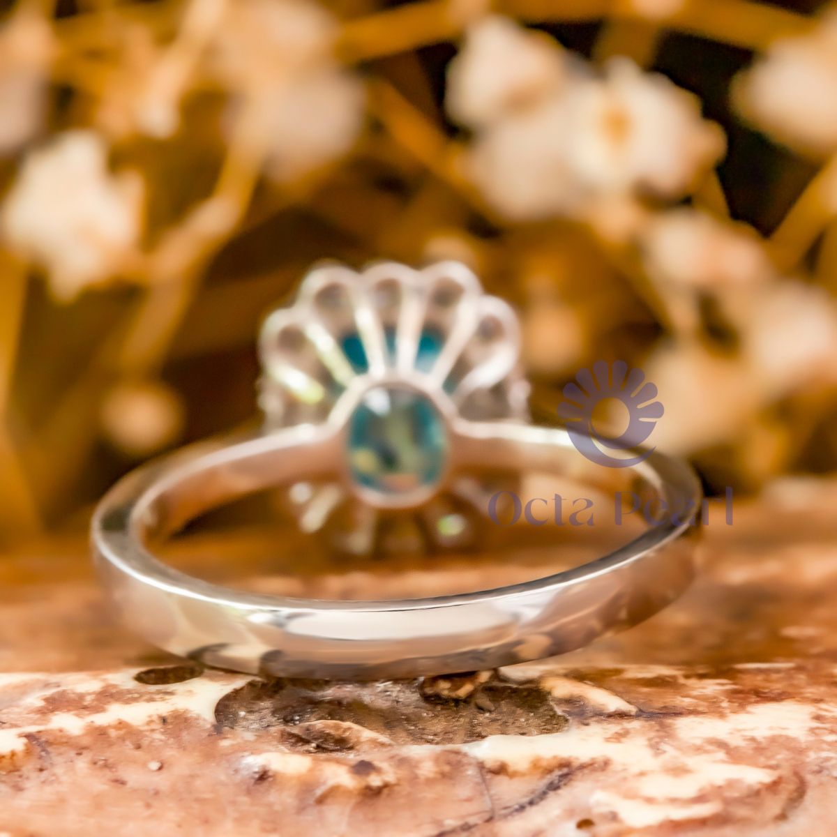 Emerald Cut CZ Stone Bezel Set Floral Halo Ring