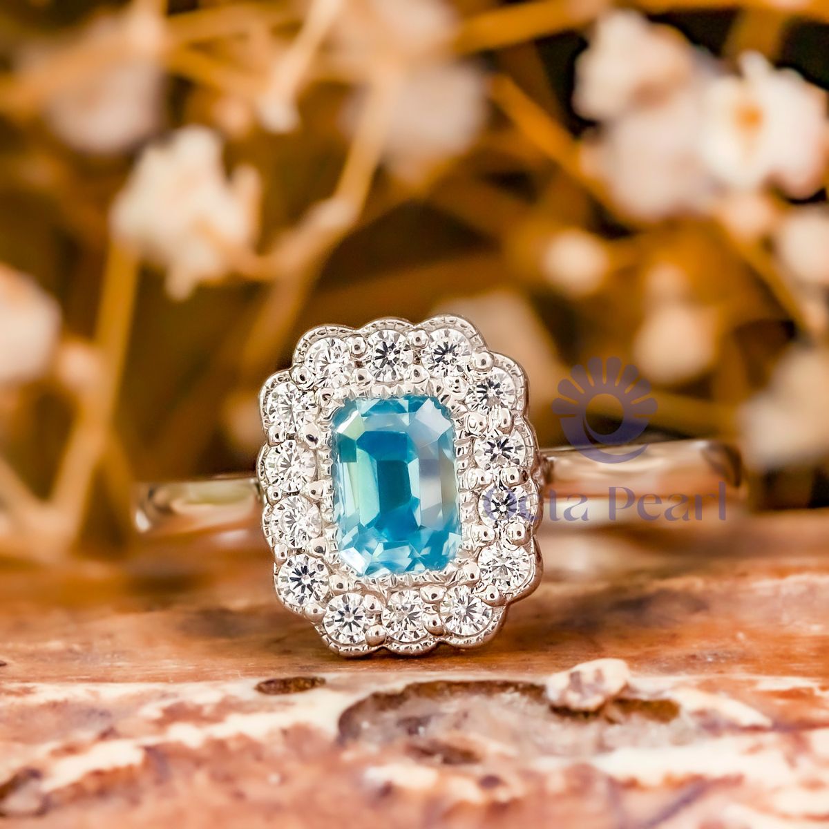 Emerald Cut CZ Stone Bezel Set Floral Halo Ring