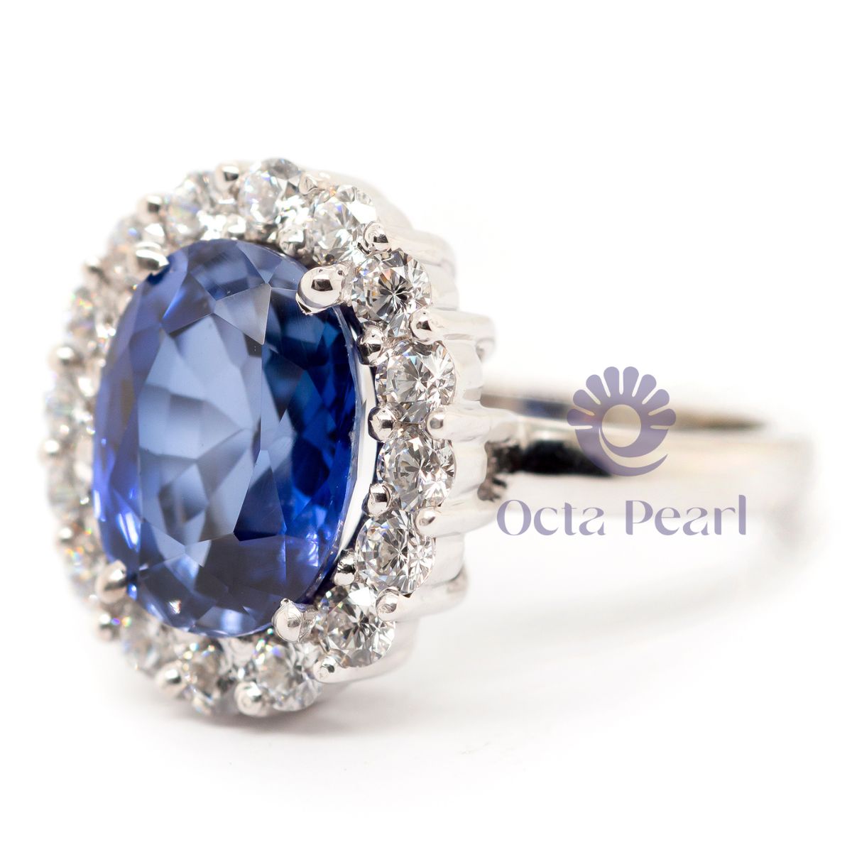 Blue Oval CZ Stone Halo Ring For Party Wear