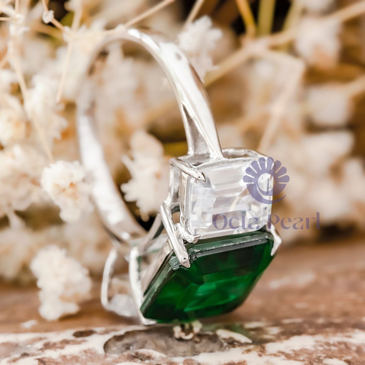 Asscher & Emerald CZ Three Stone Engagement Ring