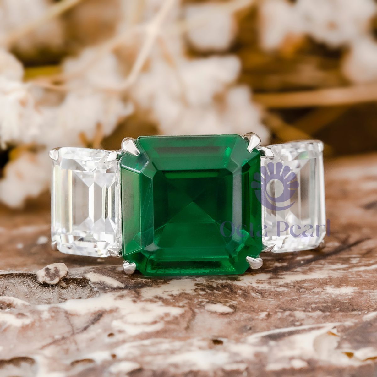 Asscher & Emerald CZ Three Stone Engagement Ring