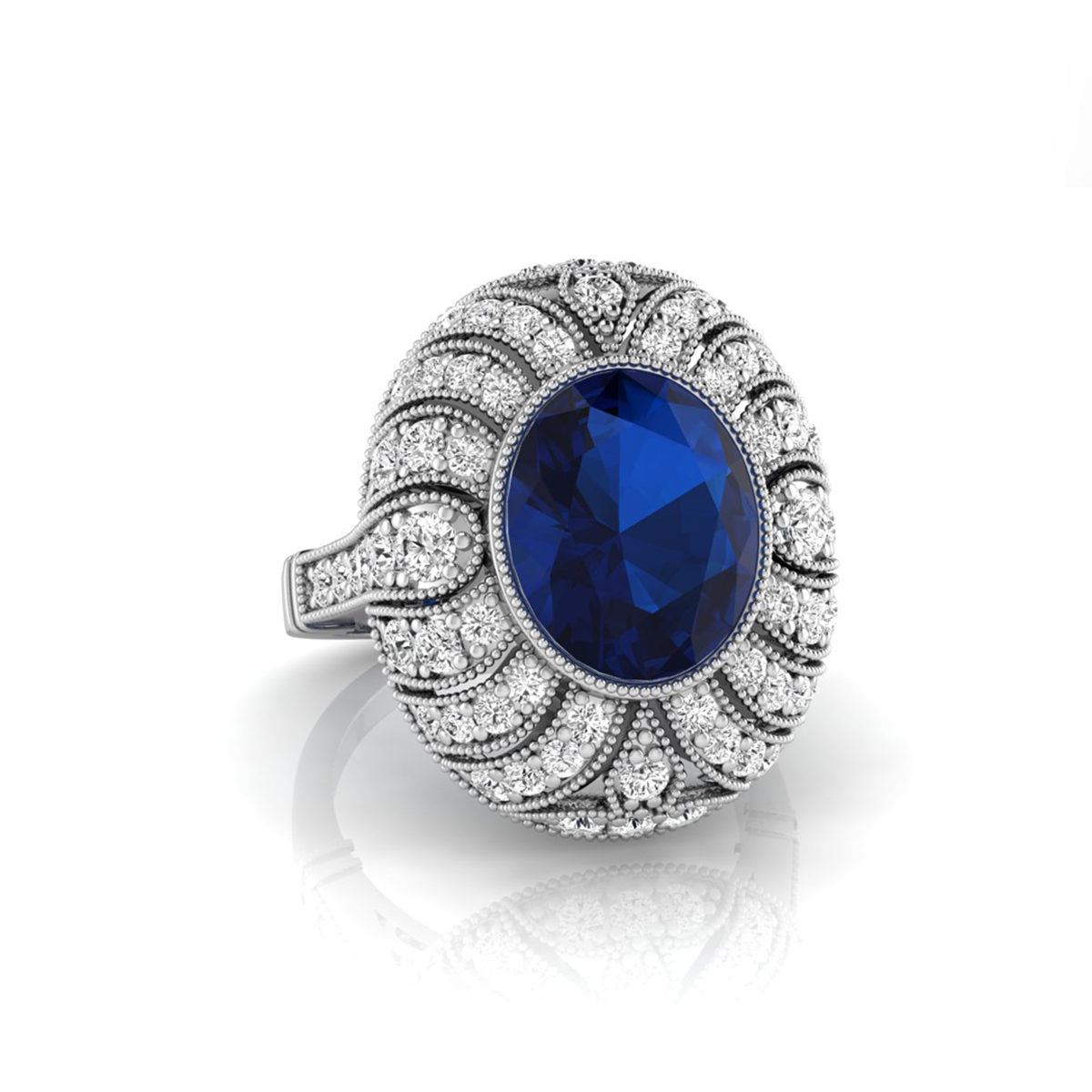 Blue Oval CZ Stone Milgrain Bezel Set Art Deco Ring