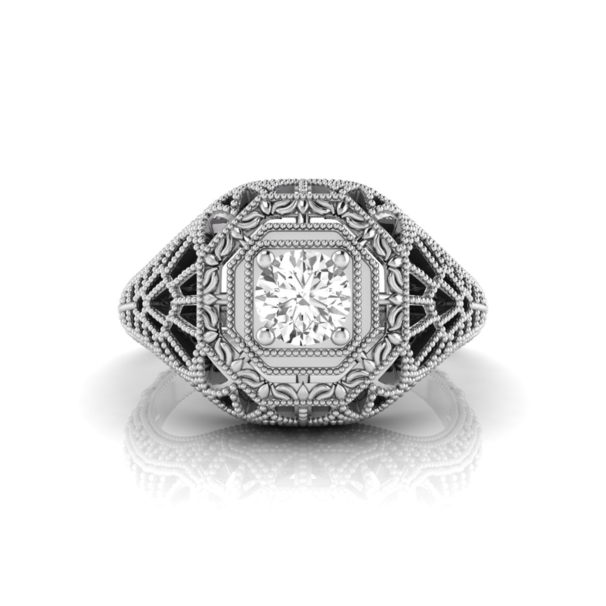 Round Moissanite Spider Engrave Filigree Art Deco Ring