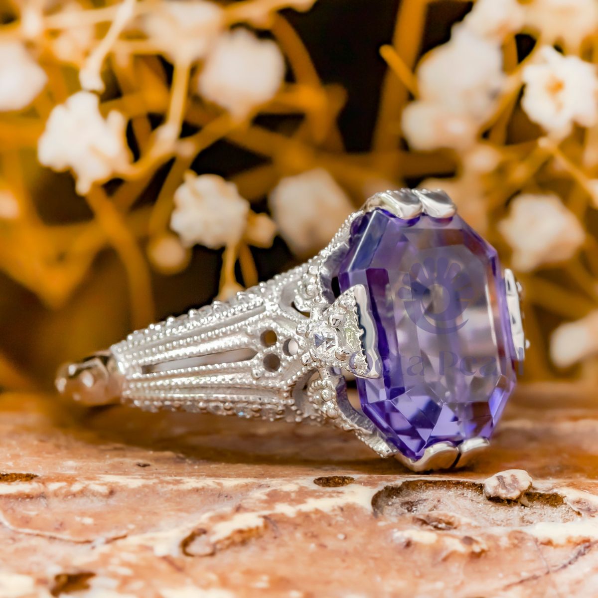 Purple Emerald CZ Stone Art Deco Edwardian Ring