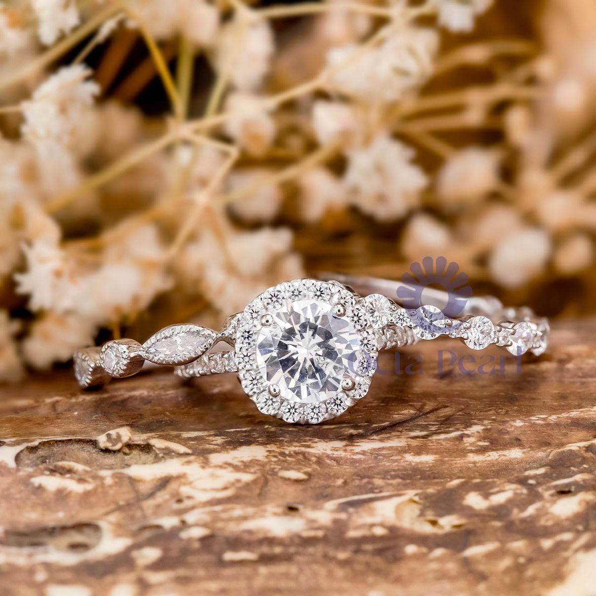 Round CZ Stone Halo Ring With Two Half Eternity Band