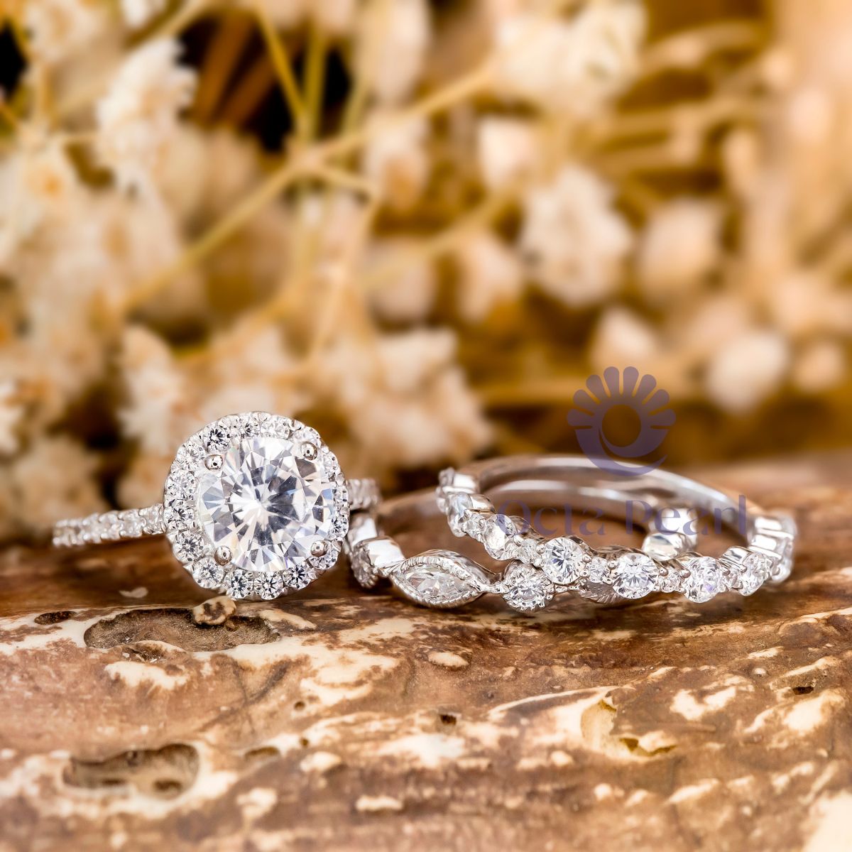 Round CZ Stone Halo Ring With Two Half Eternity Band