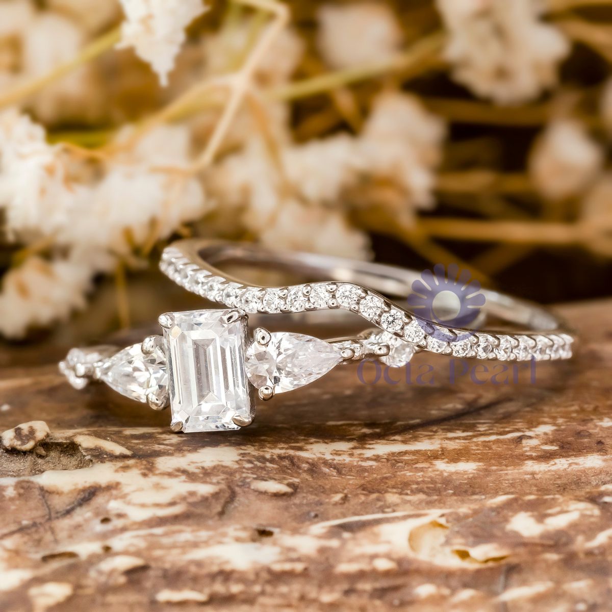 Emerald Cut CZ Stone Curved Wedding Bridal Ring Set