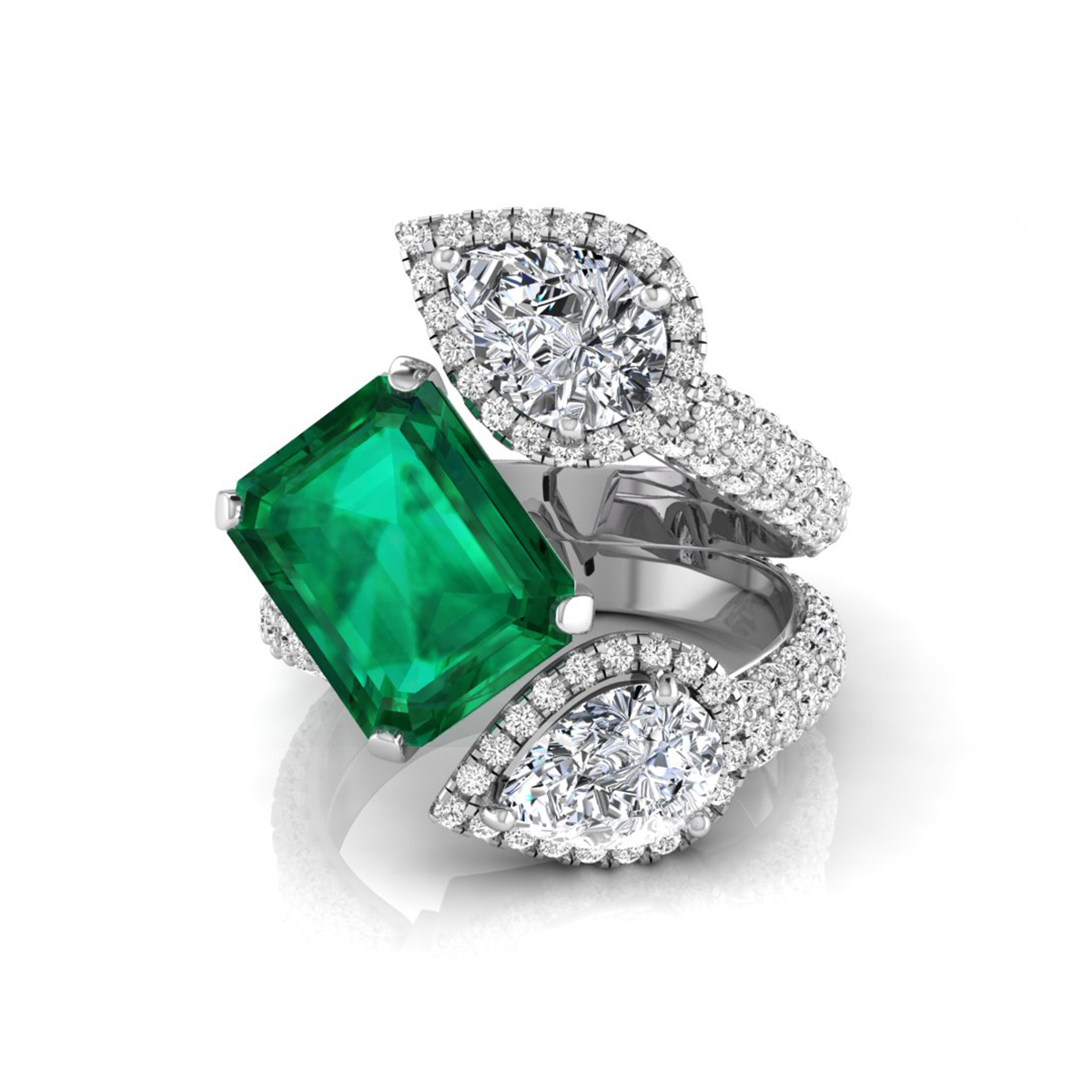 Emerald & Pear CZ Three Stone Gap Halo Fashion Ring