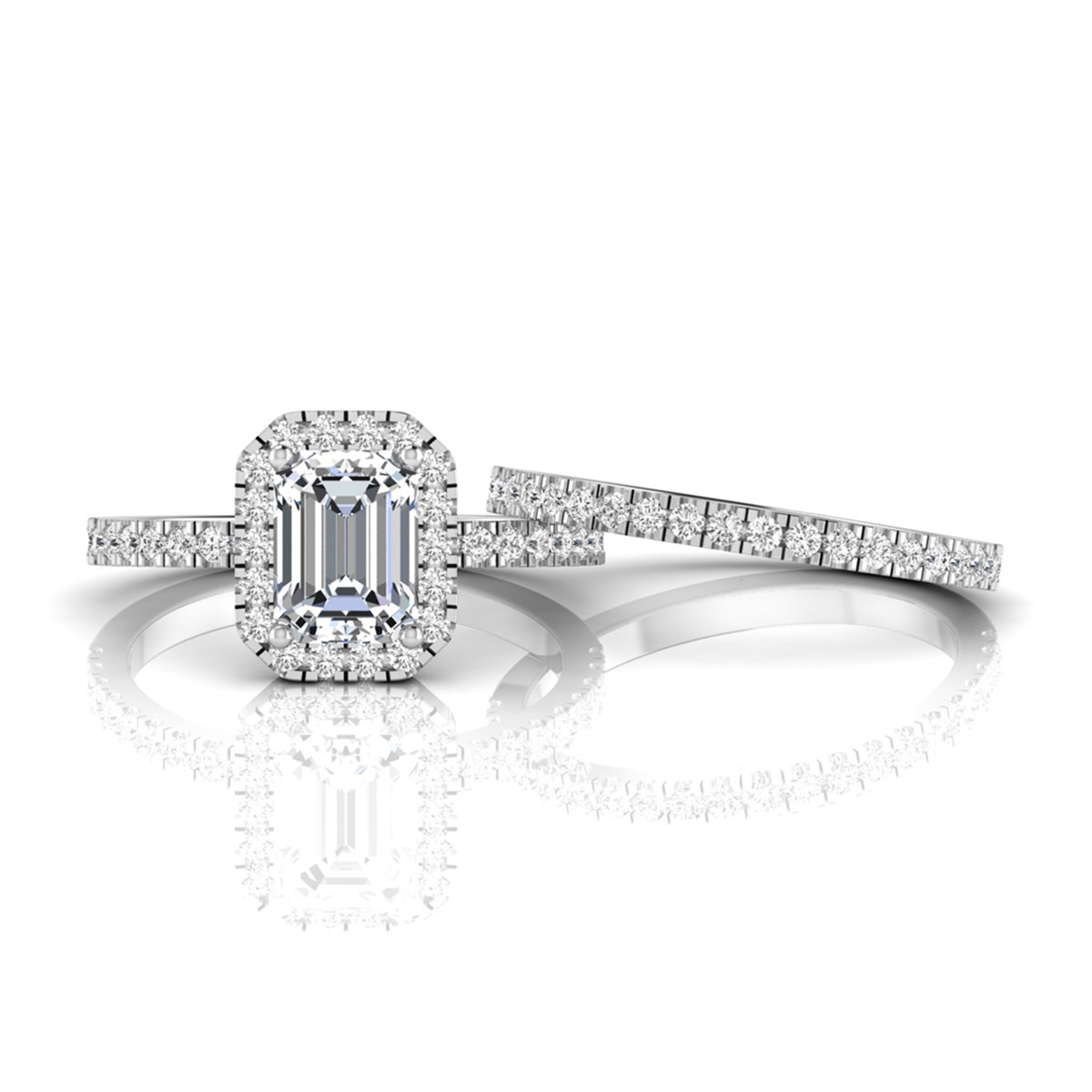 Emerald Moissanite Halo Wedding Bridal Ring Set