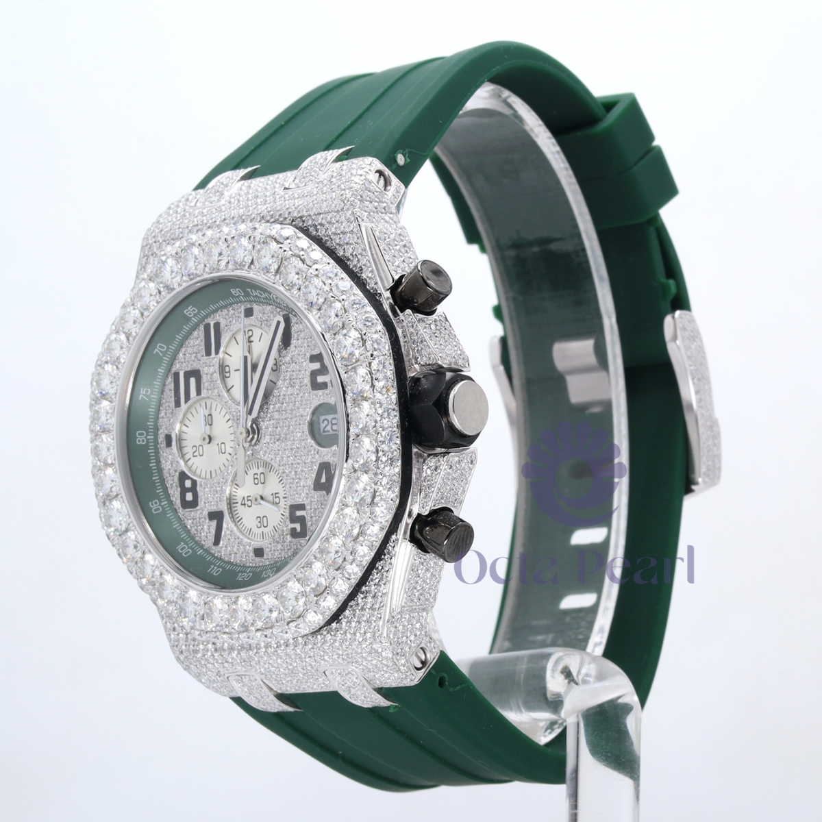 Luxury Round Moissanite Green Strap Band Watch For Men