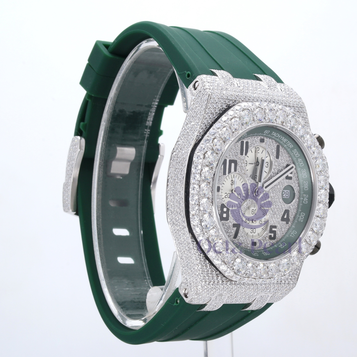 Luxury Round Moissanite Green Strap Band Watch For Men