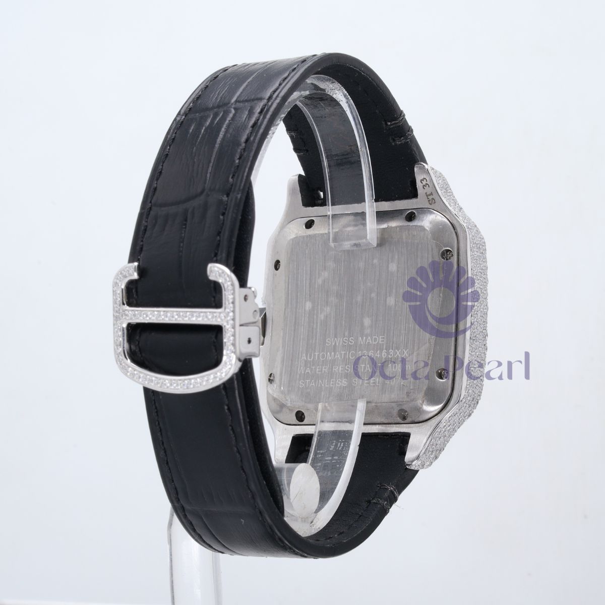 Round Moissanite Iced Out Dial Roman Markers Black Leather Watch