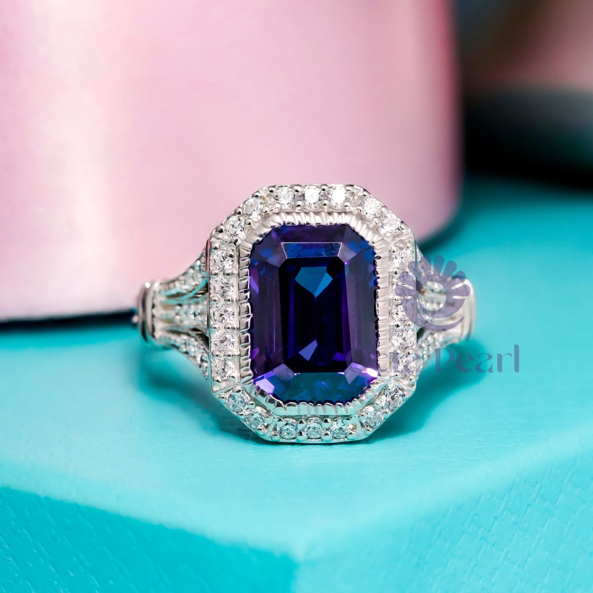Blue Emerald CZ Stone Milgrain Bezel Set Halo Art Deco Ring