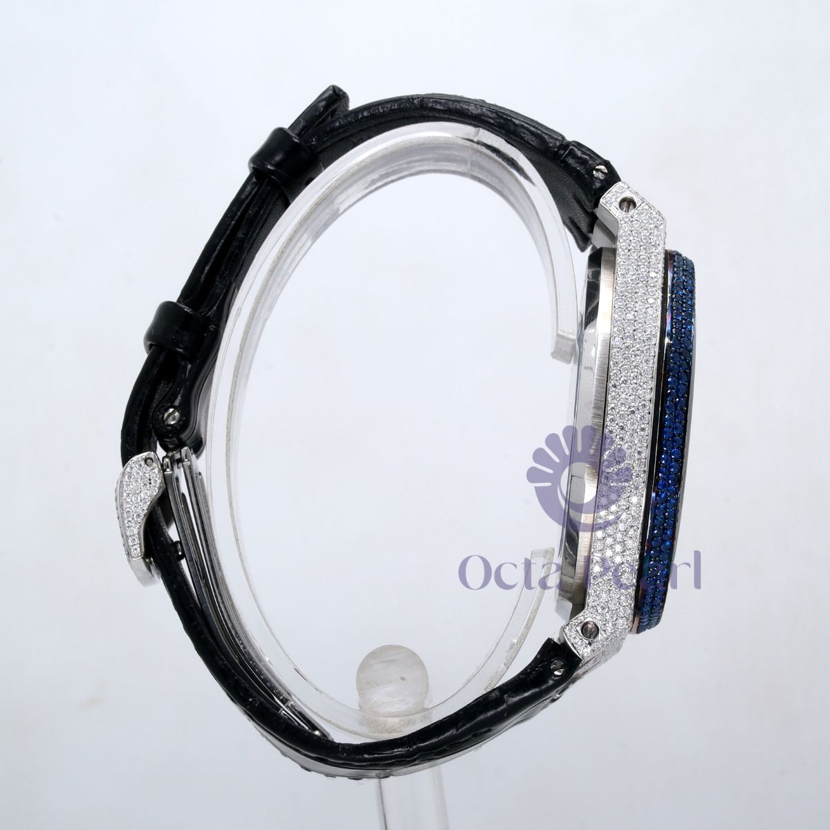 Hip Hop Iced Out Round Moissanite Black Leather Belt Watch